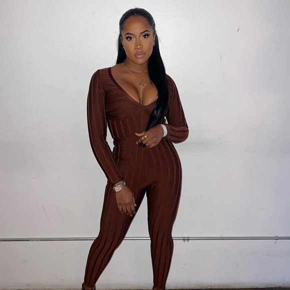 Hot Miami Styles Pants - Chocolate Bandage Plunge V Neck Ribbed Jumpsuit - Size S